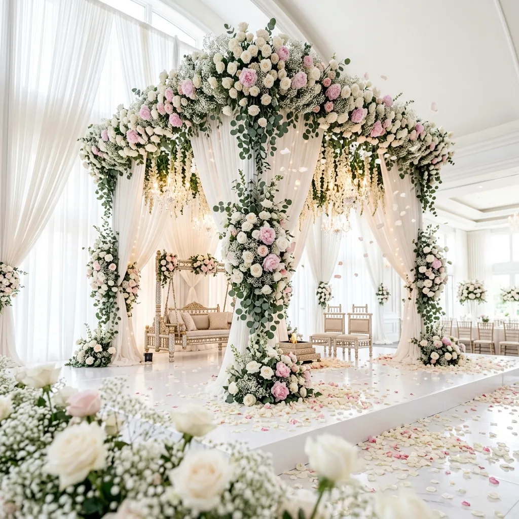 Grand floral wedding mandap with white roses and pink peonies under bright airy lighting